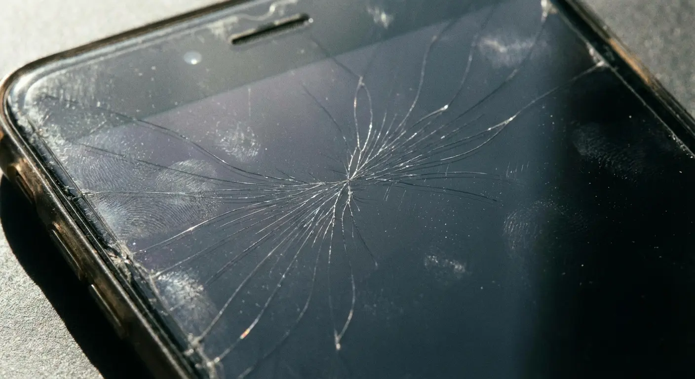 Phone screen with visible scratches catching light