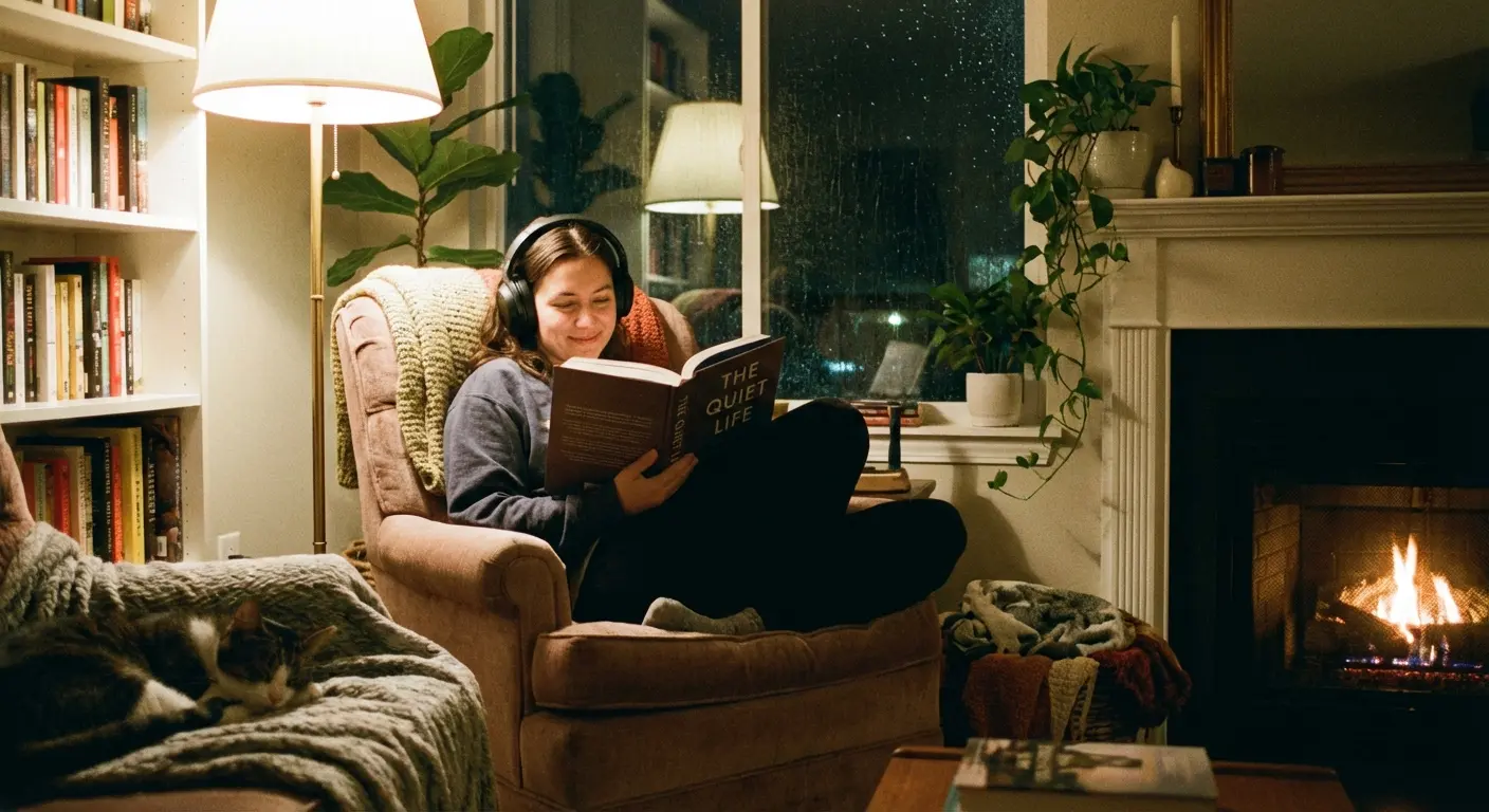 Person listening to audiobook on iPhone with headphones