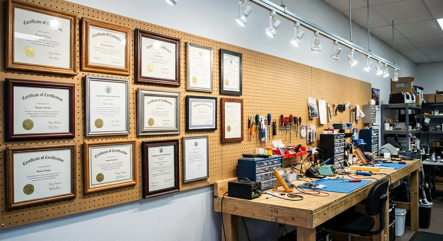 Certification diplomas on wall