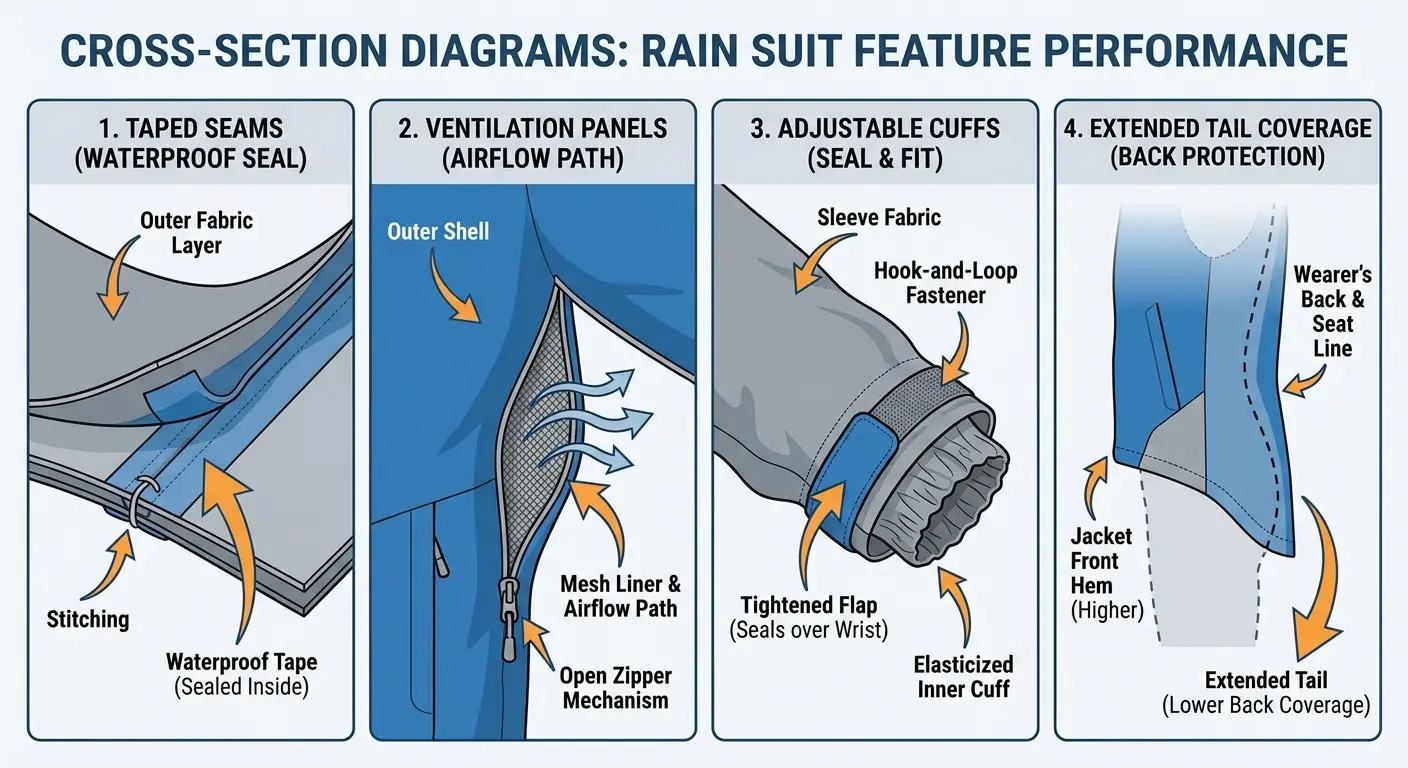 Full body motorcycle rain suit features