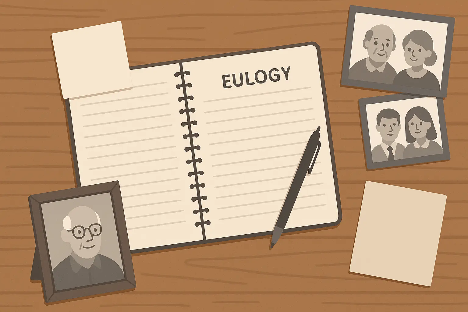 Person writing eulogy with family photos