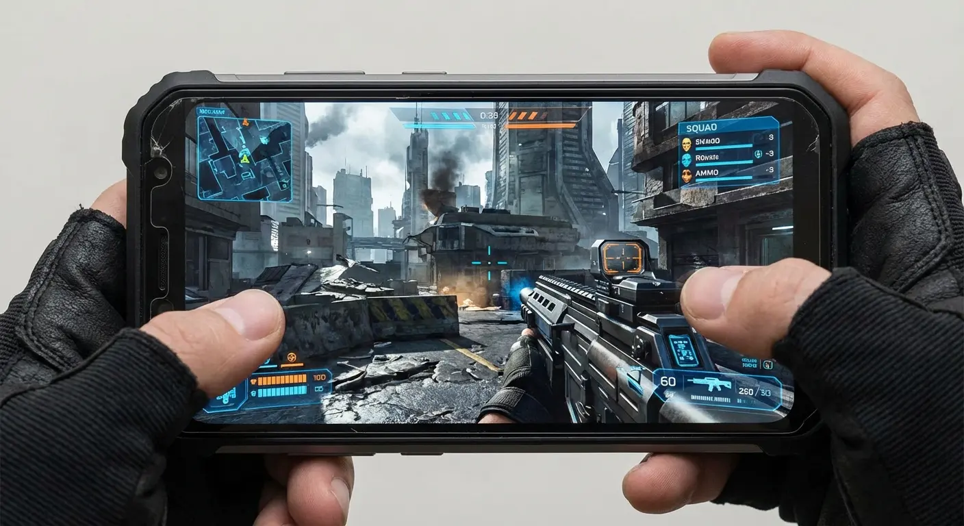 First-person shooter game displayed on a mobile screen