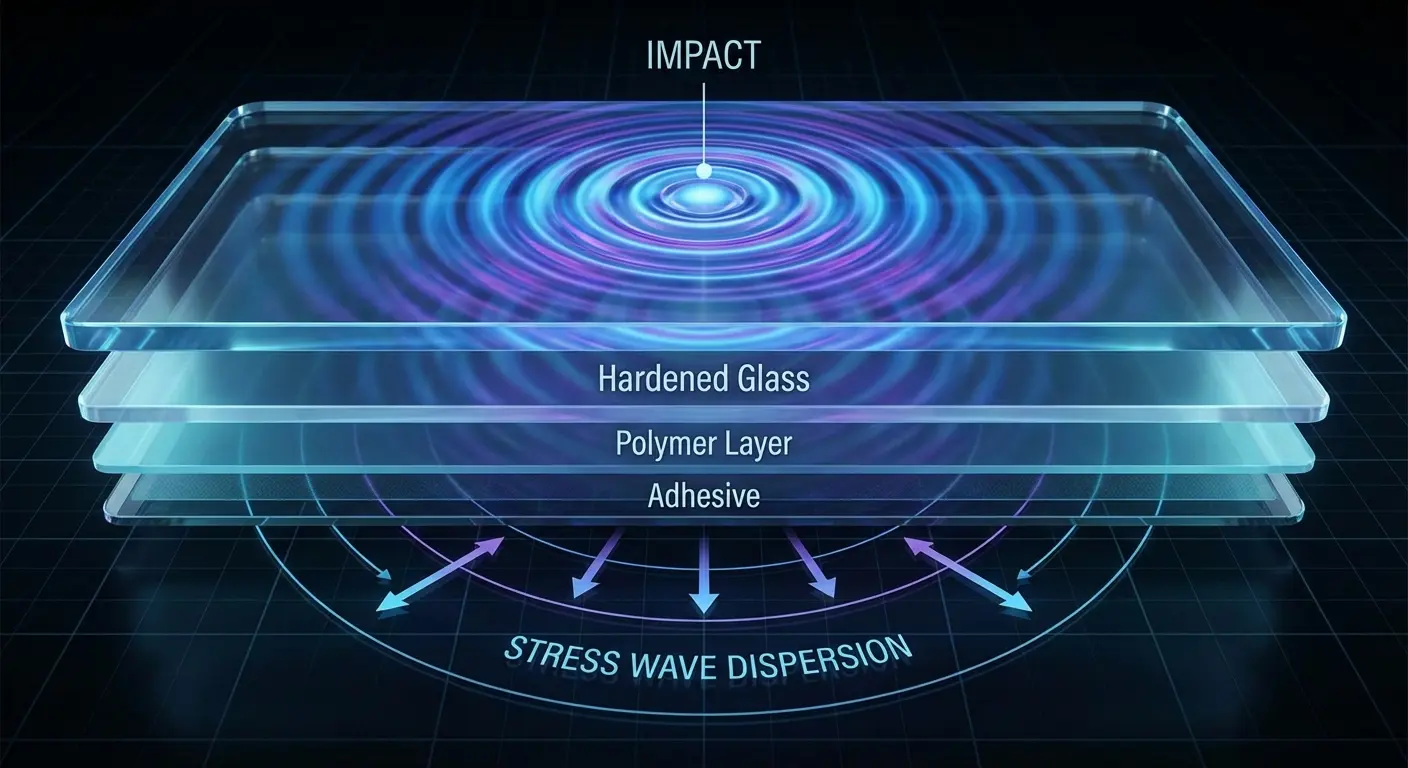 Close-up of a screen protector that did its job with spider-webbed cracks while the screen underneath stays intact