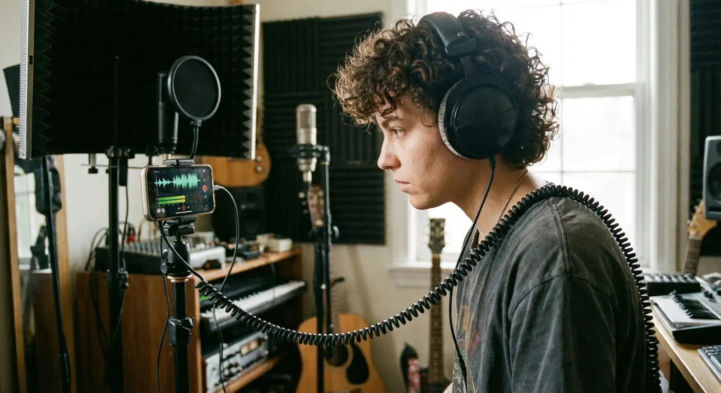 Wired headphones connected for audio monitoring