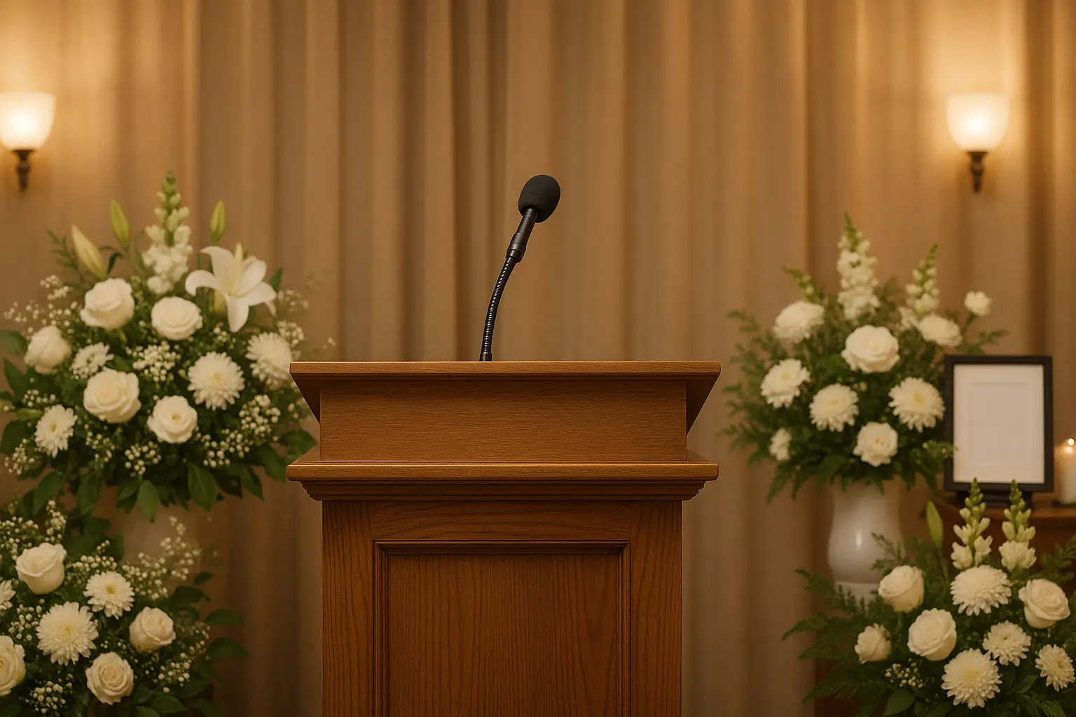 Person delivering eulogy at podium with supportive audience