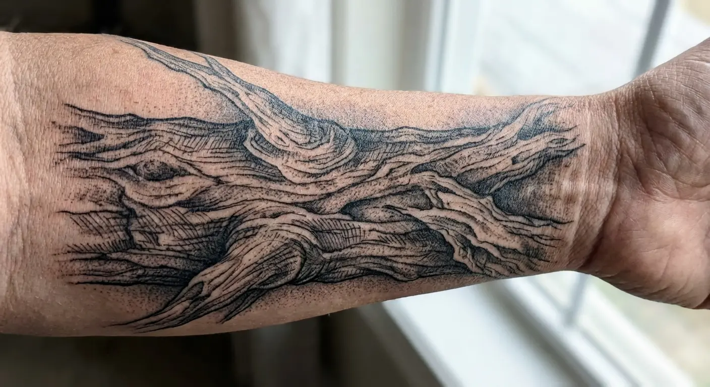 Healed tattoo of a tree with vibrant colors