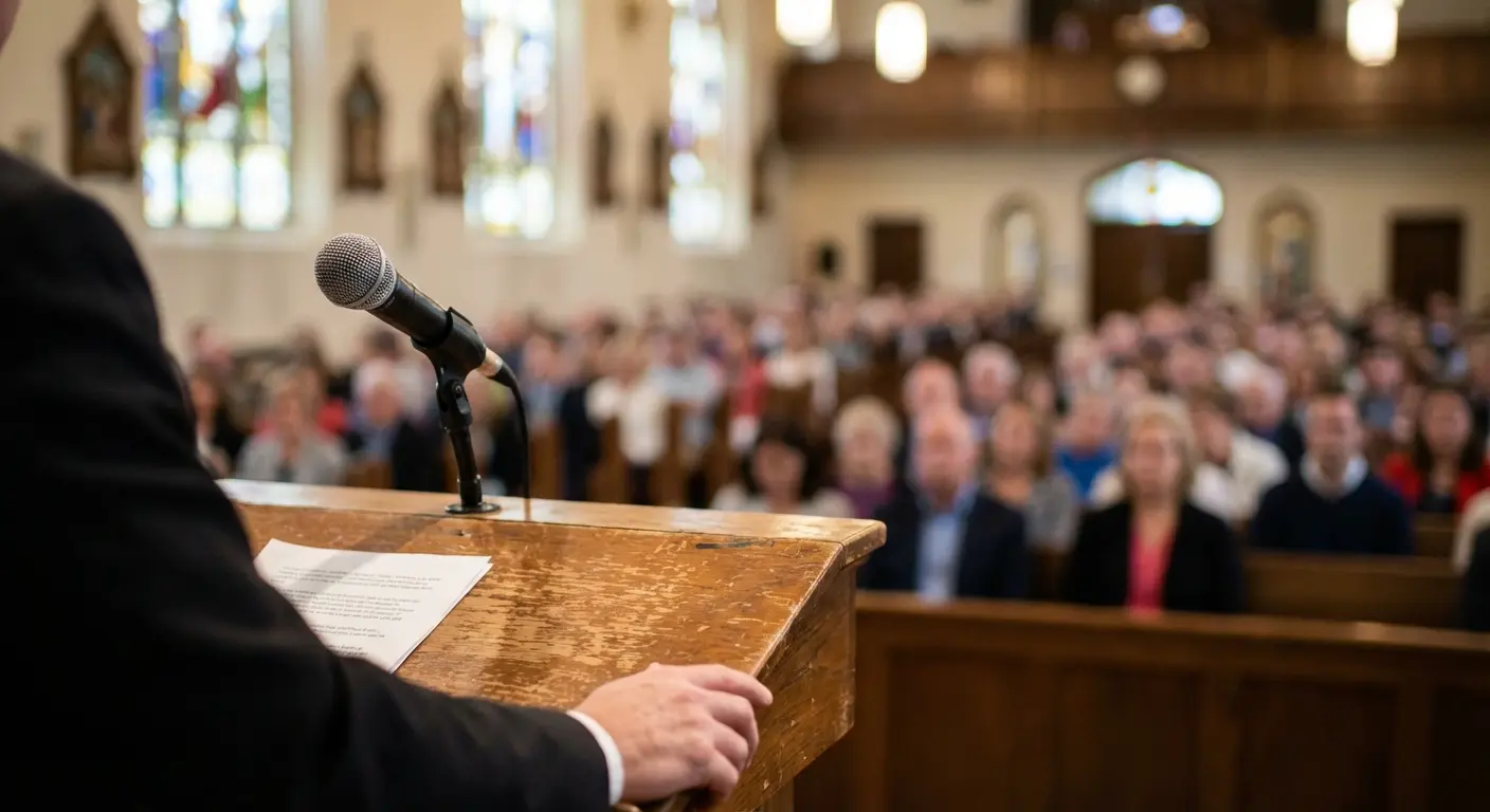 Speaker taking a deep breath at a podium