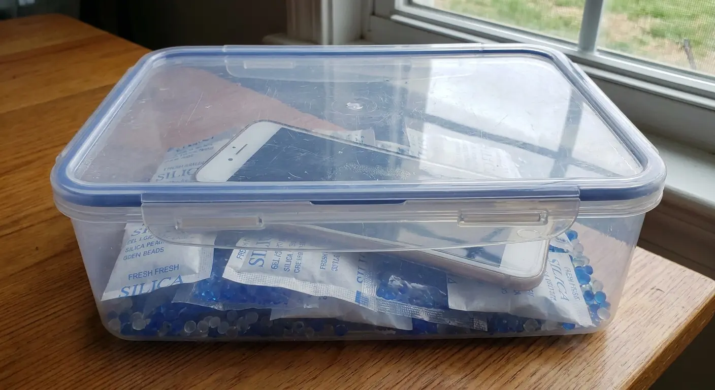 Phone in sealed container with silica gel