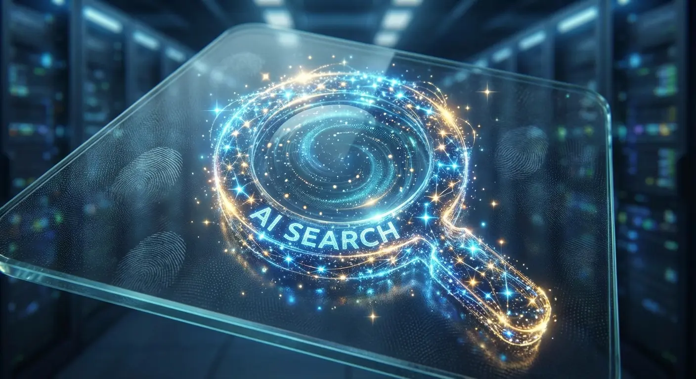 Intelligent search icon with magnifying glass and sparkle