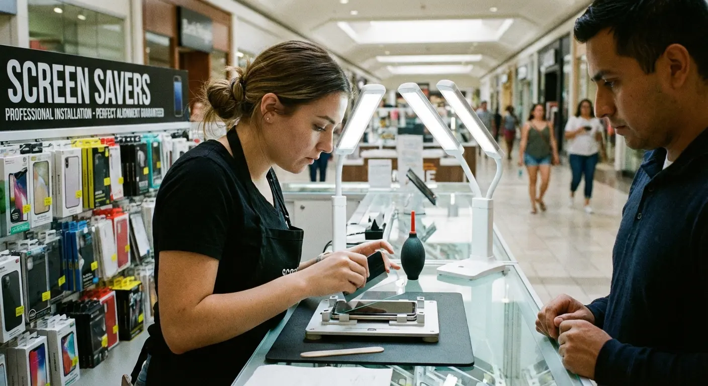 Professional installing screen protector in store