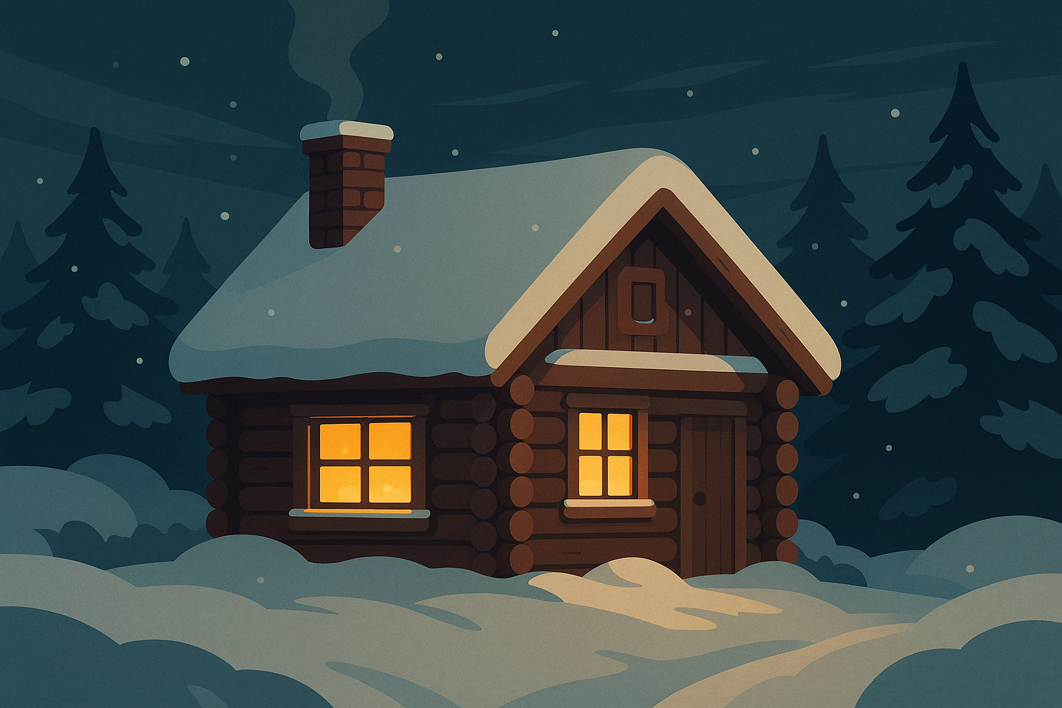Snow-covered cabin with warm golden light glowing from windows