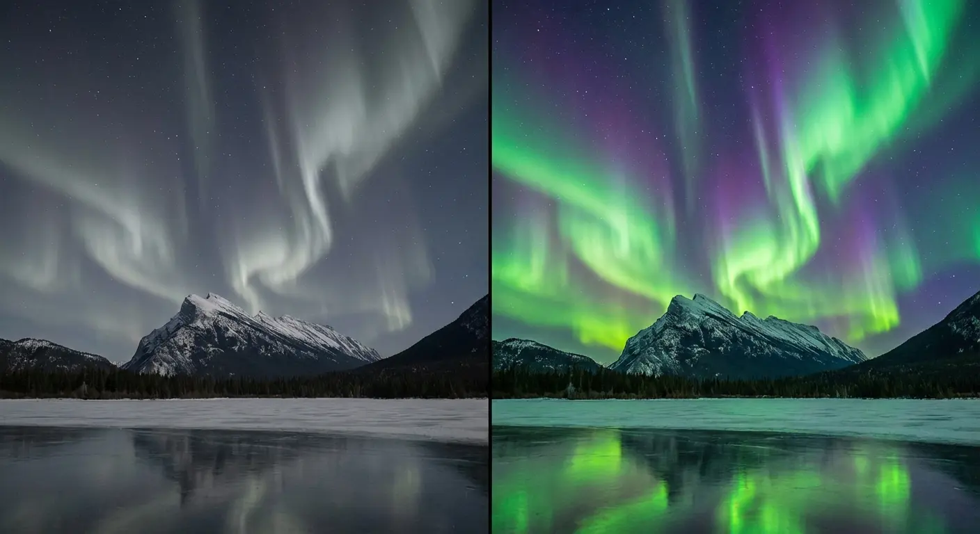 Comparison of naked eye versus phone camera aurora