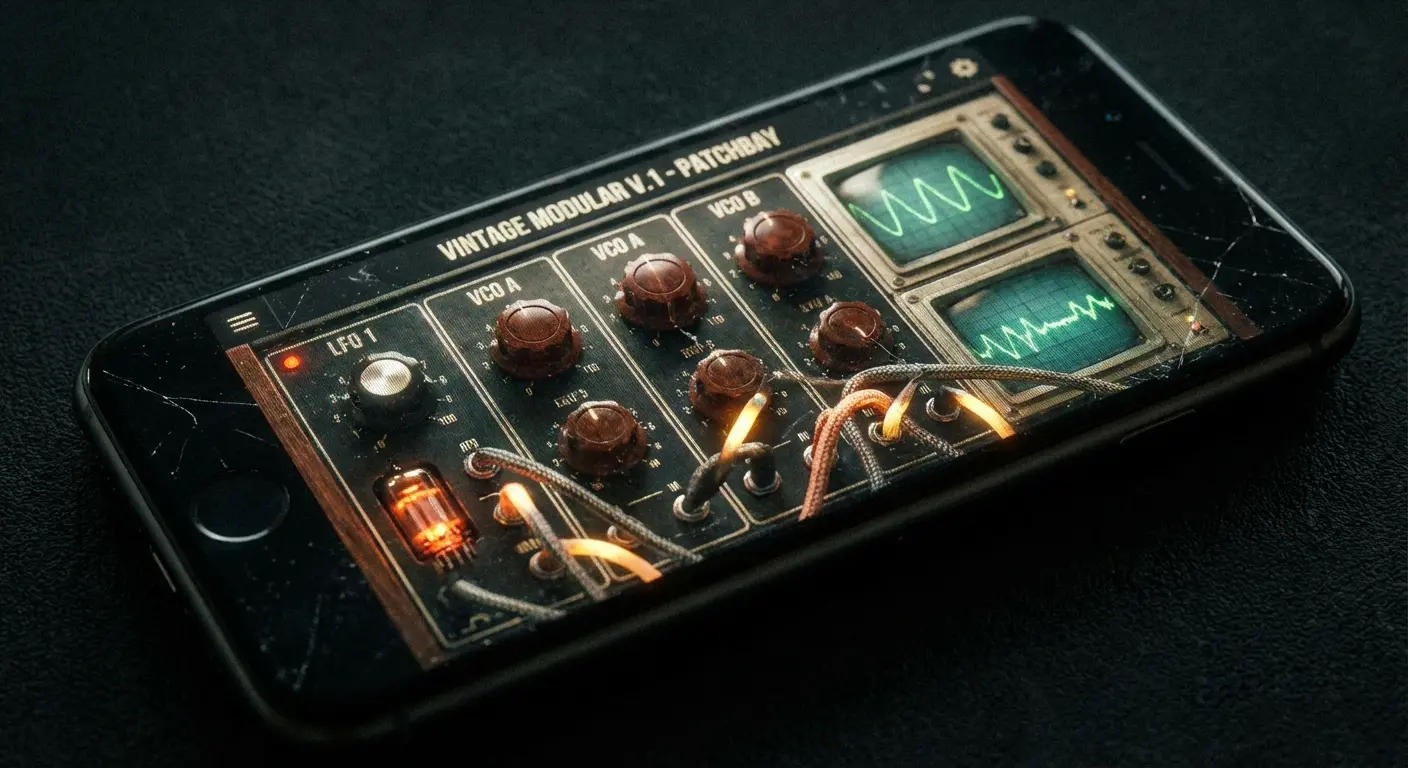 Virtual synthesizer interface on a tablet screen showing knobs and sliders