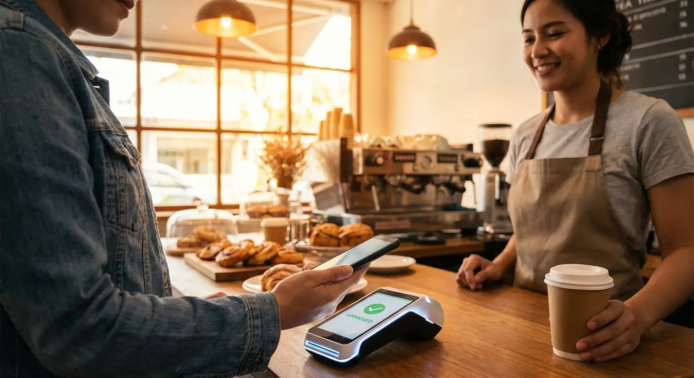 Person using phone to make contactless payment