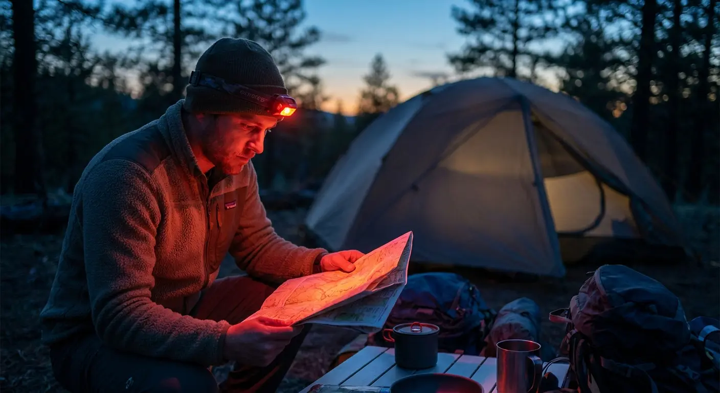 Headlamp with red light mode for camping