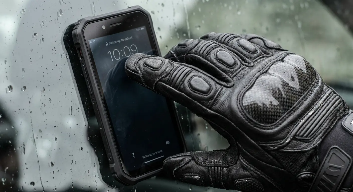 Gloved hand struggling with phone touchscreen