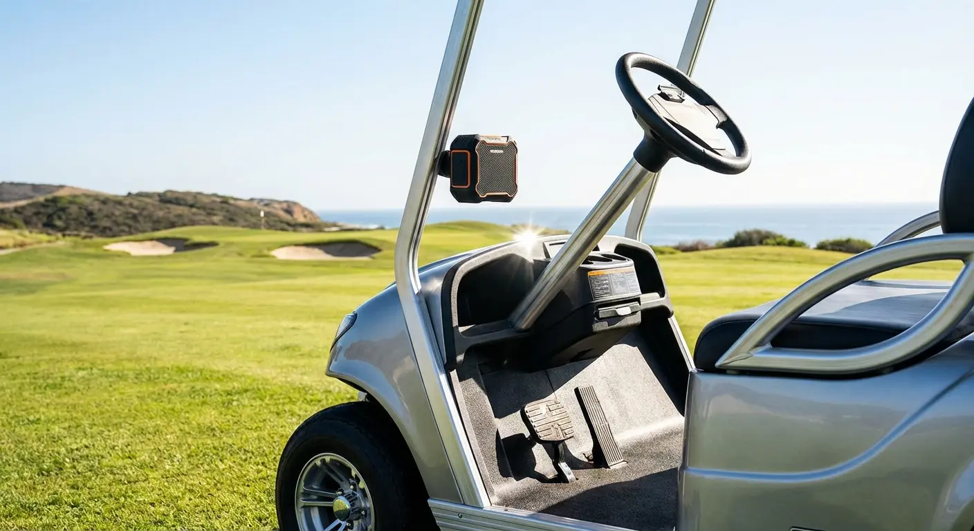 G-ROK speaker magnetically attached to a golf cart