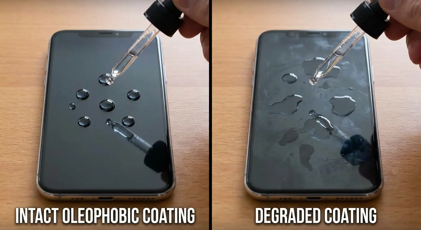 Oleophobic coating degradation stages on phone screen