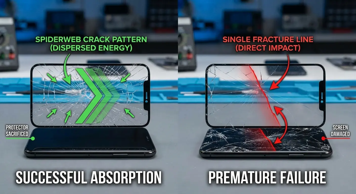 Diagram showing screen protector installation stress points and common failure areas