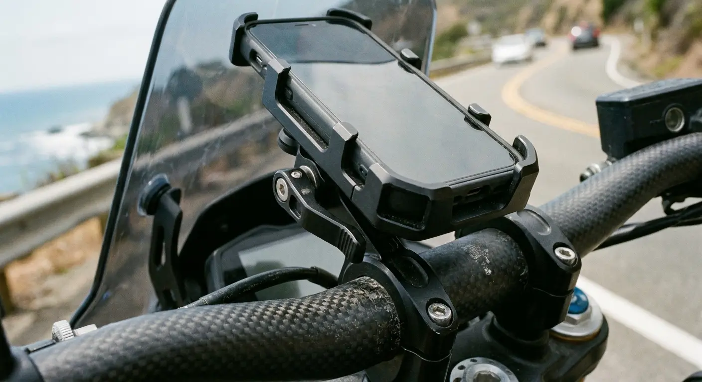 Rokform phone mount installed on motorcycle handlebars