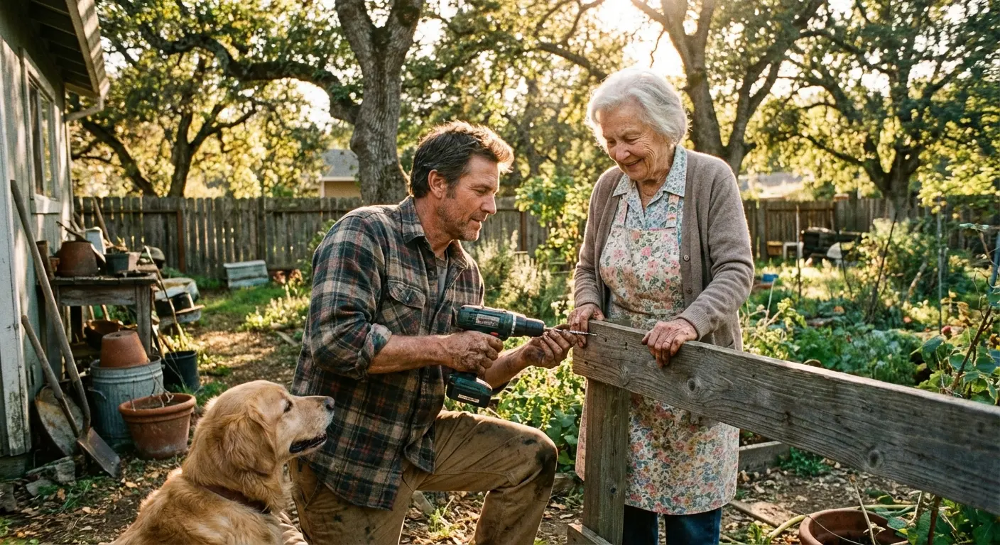 Man helping a neighbor fix a fence, symbolizing kindness