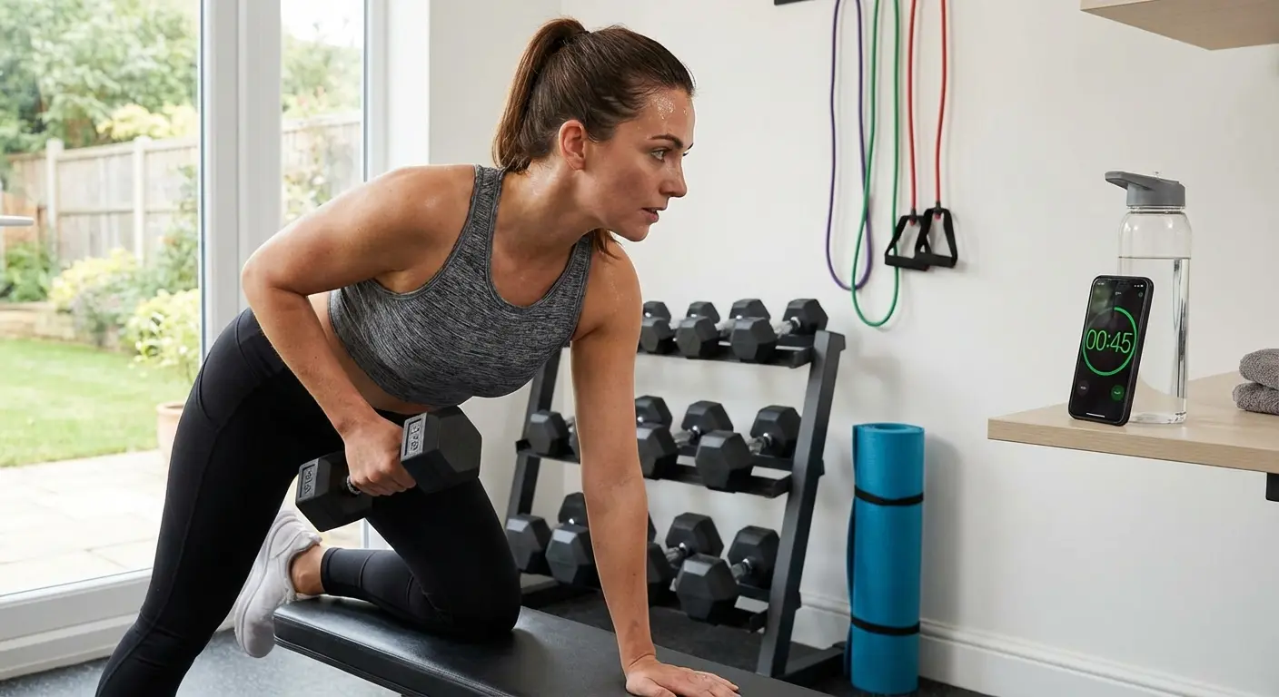 Woman in plank position checking her workout progress on a phone
