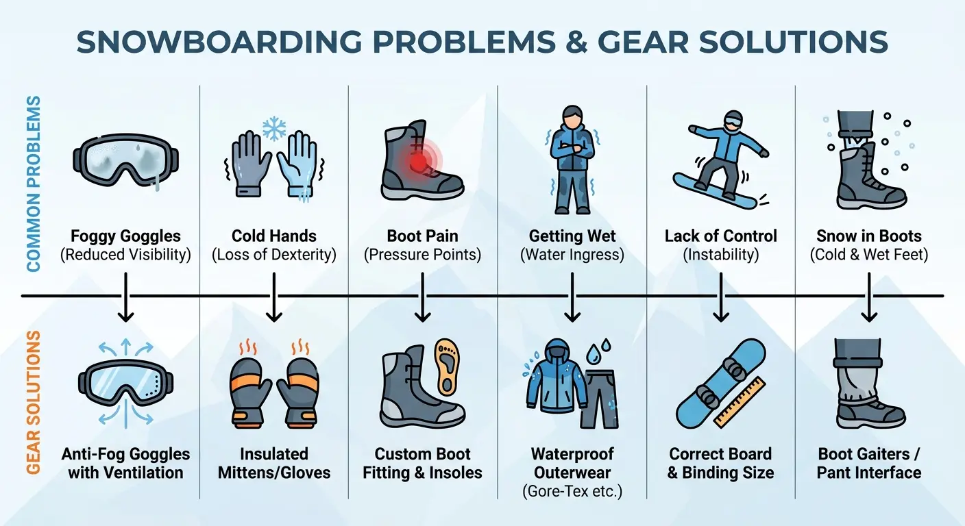 Snowboarder riding down mountain with gear