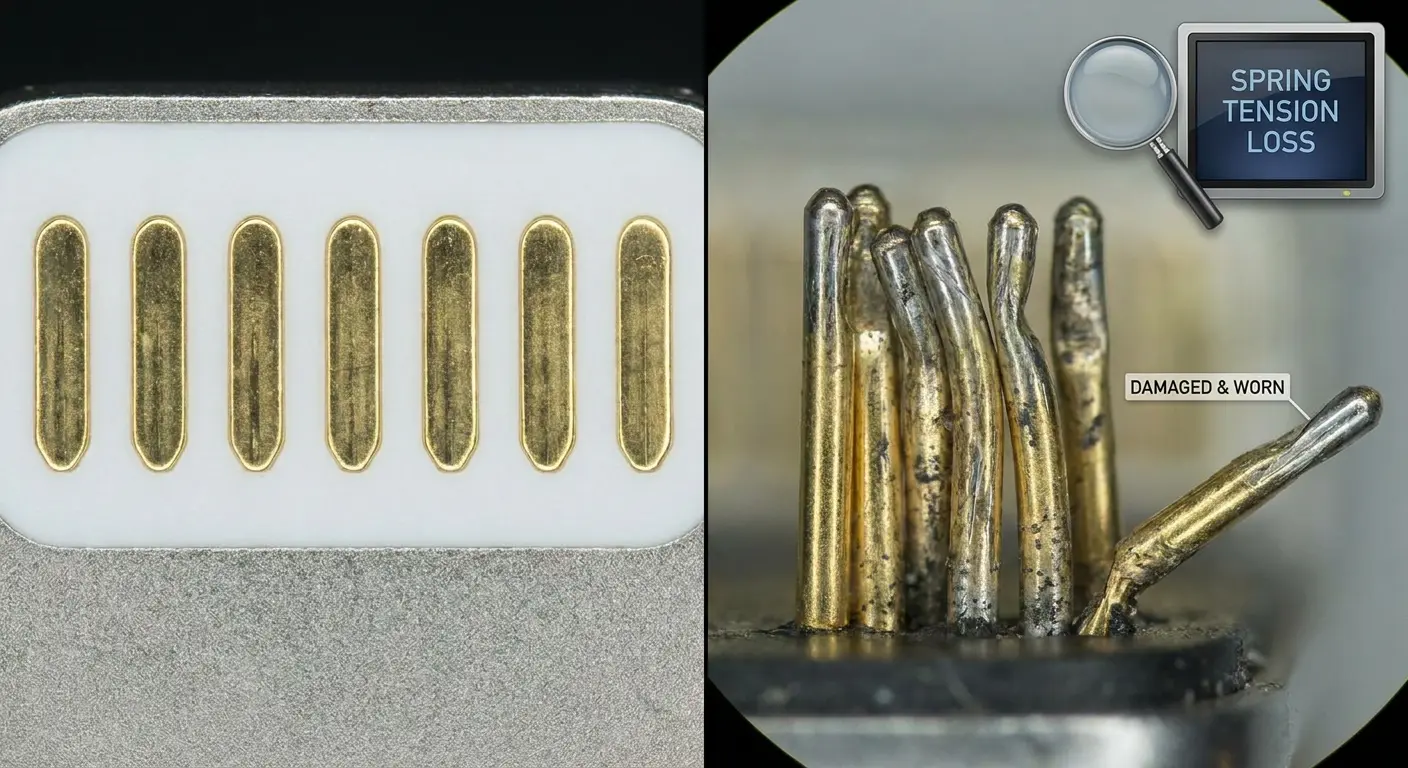 Damaged charging port flex cable under magnification