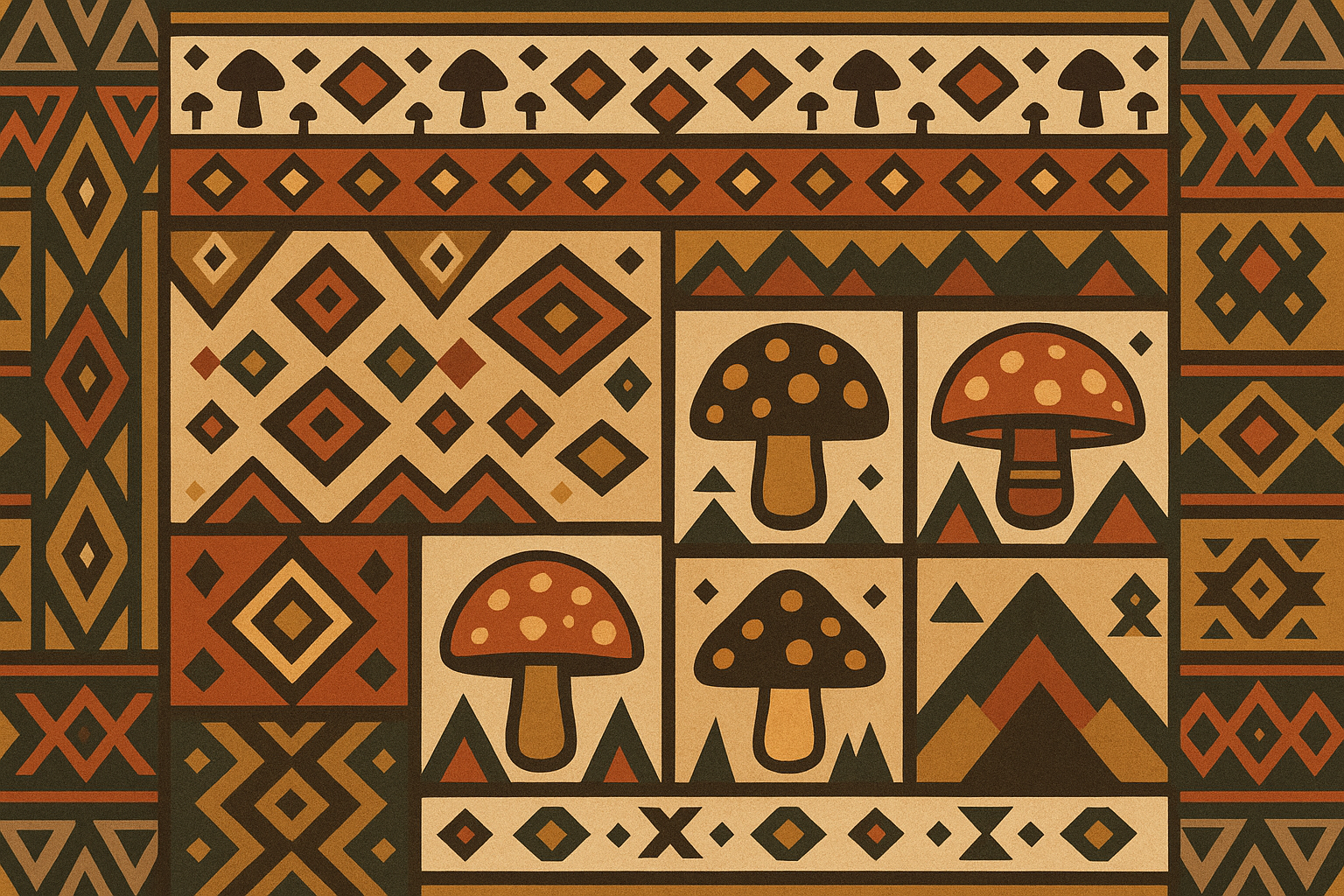 Tribal mushroom patterns with indigenous-inspired geometric designs