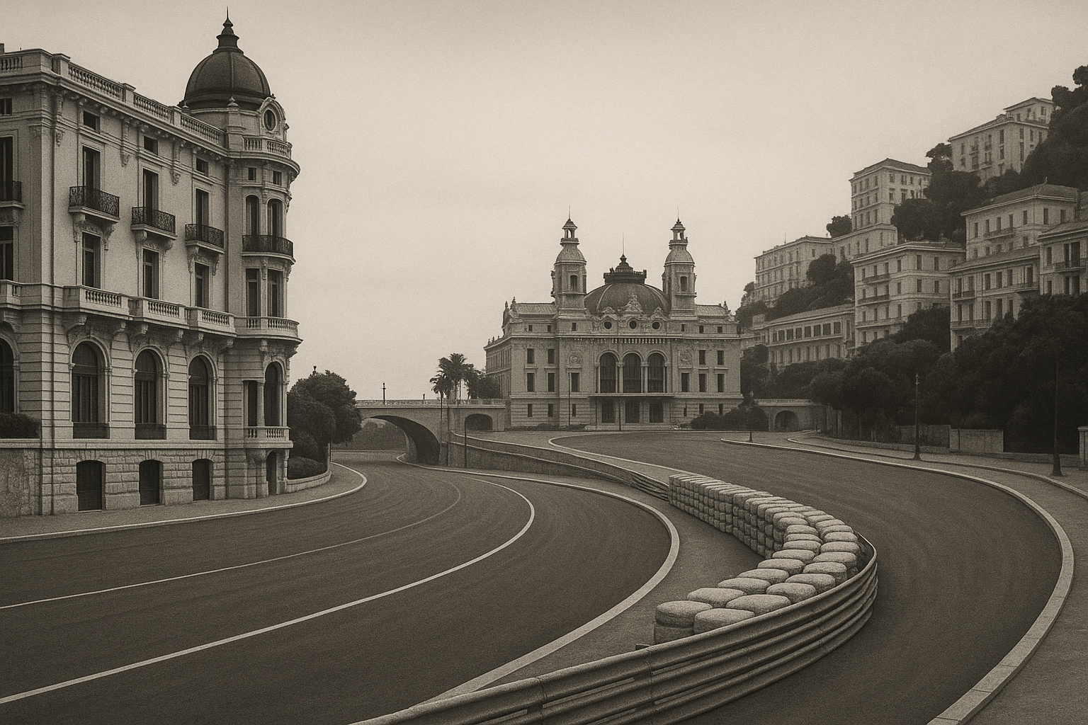 Black and white vintage Monaco Grand Prix racing scene