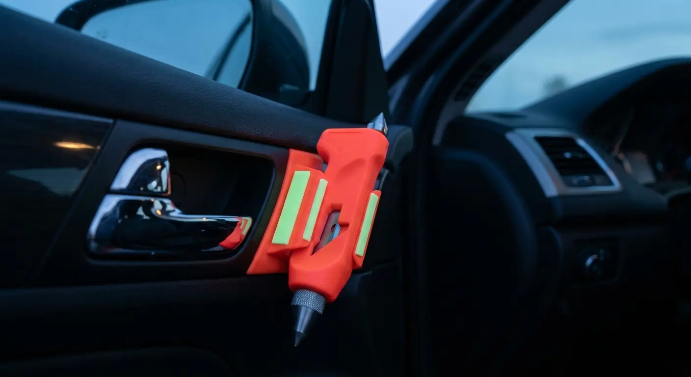 Car escape tool with seatbelt cutter