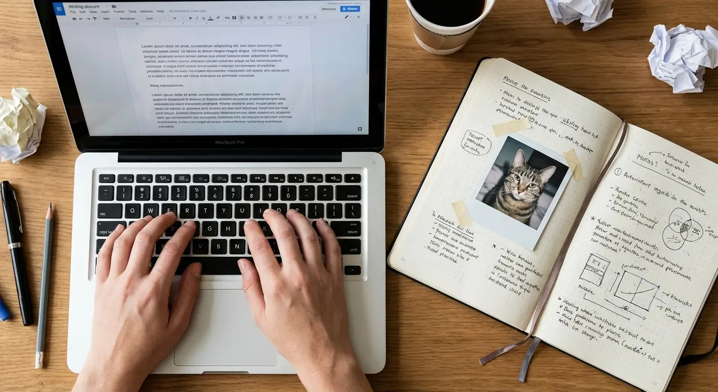 A person using a laptop to find the right words for a tribute, representing the Eulogy Generator