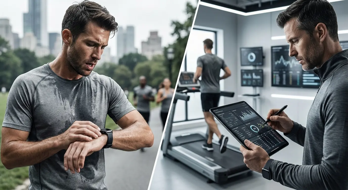 Personal trainer reviewing client data on tablet
