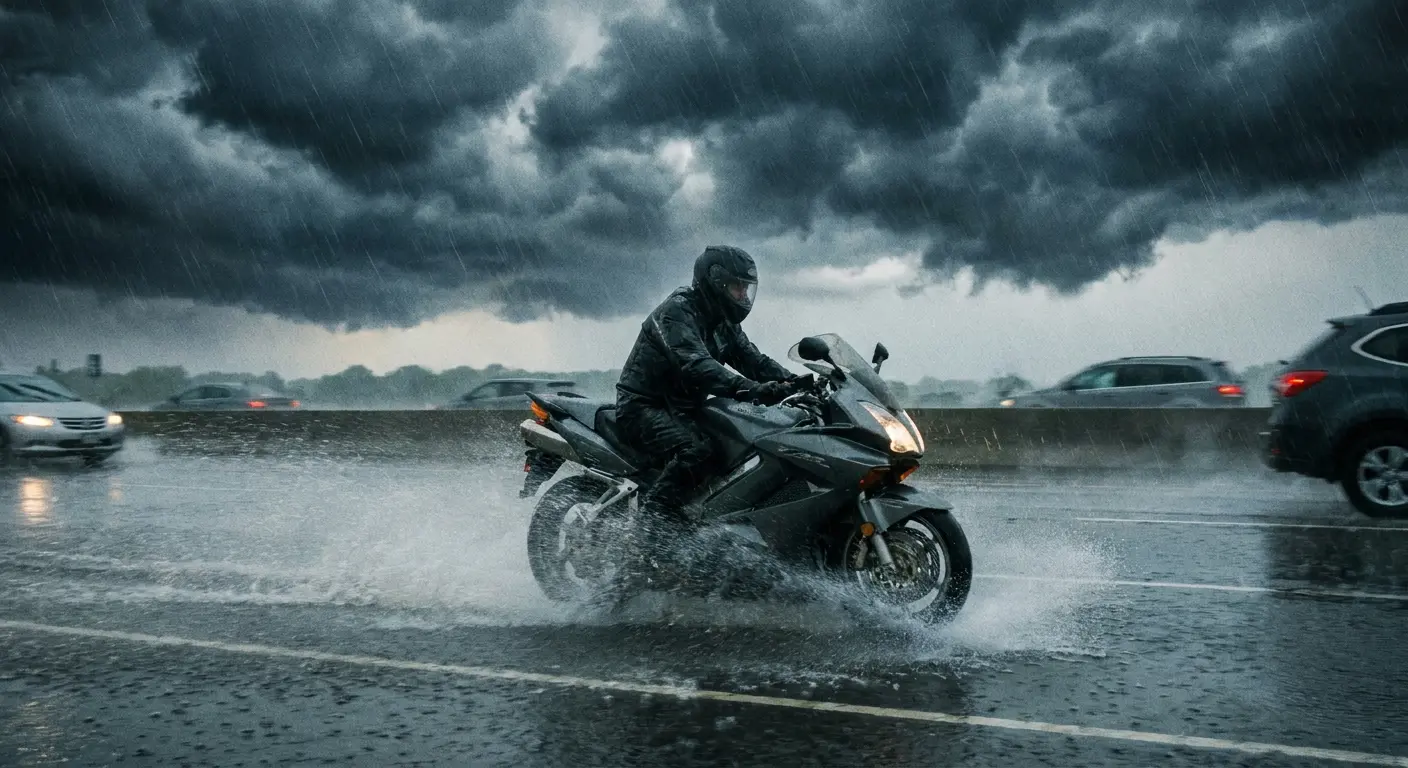 Motorcycle rider in heavy rain conditions