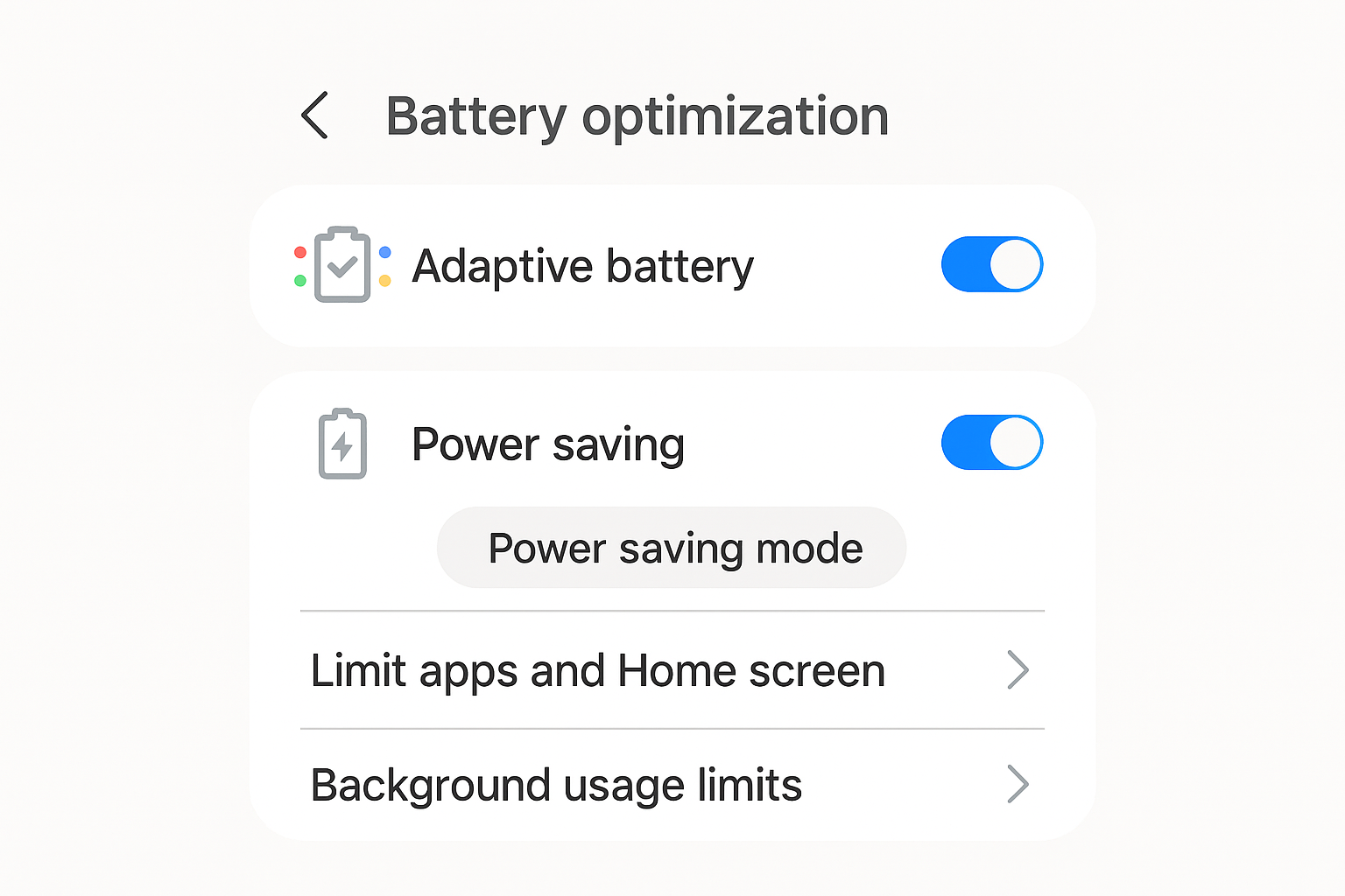 Samsung phone battery optimization settings and features