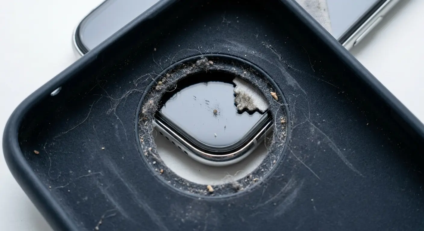 Particle buildup inside phone case around camera
