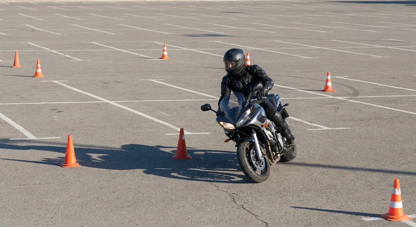 Rider practicing countersteering in empty parking lot
