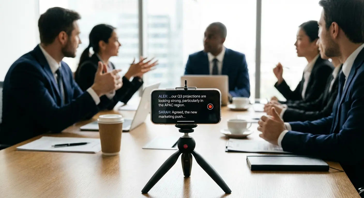 Smartphone screen showing AI transcription of a meeting