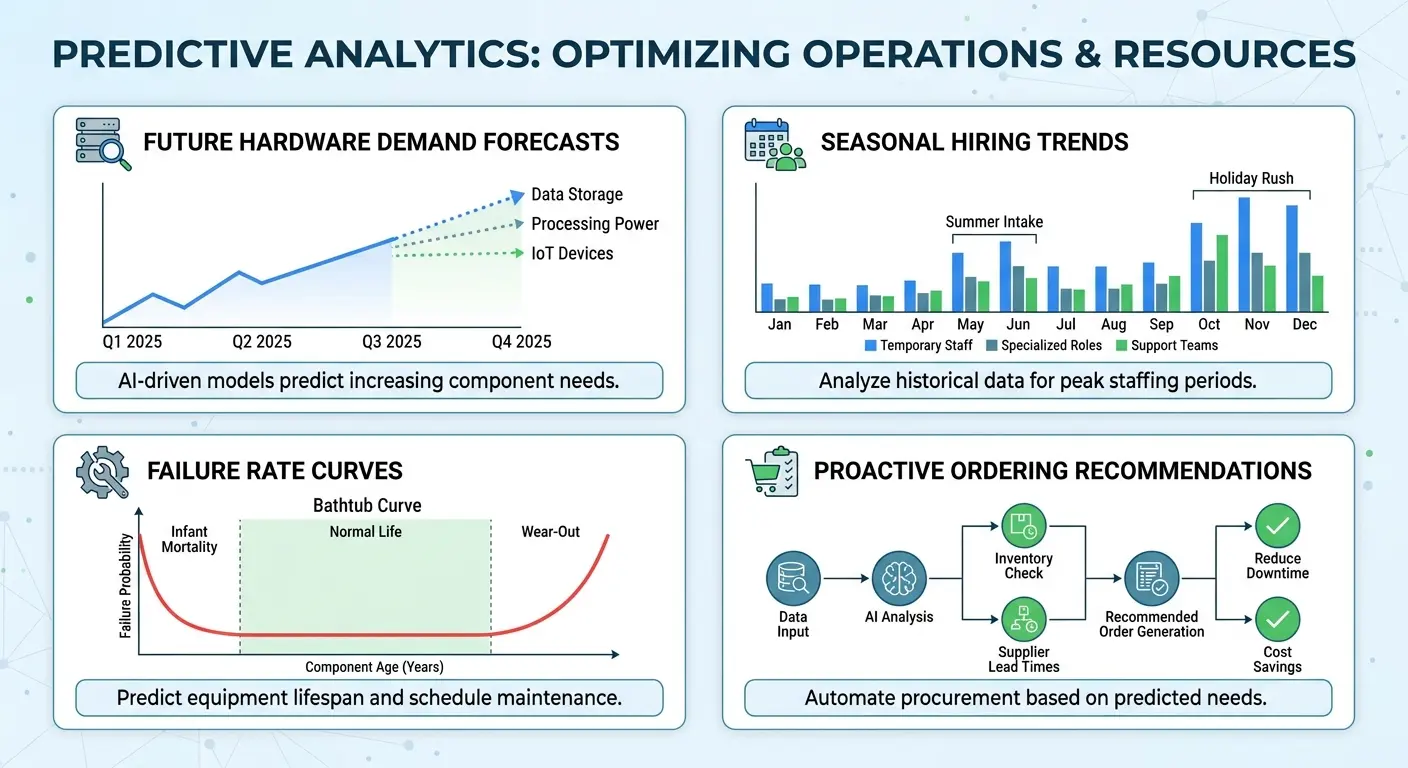 Predictive analytics dashboard showing forecasted hardware needs based on hiring trends, failure rates, and seasonal patterns