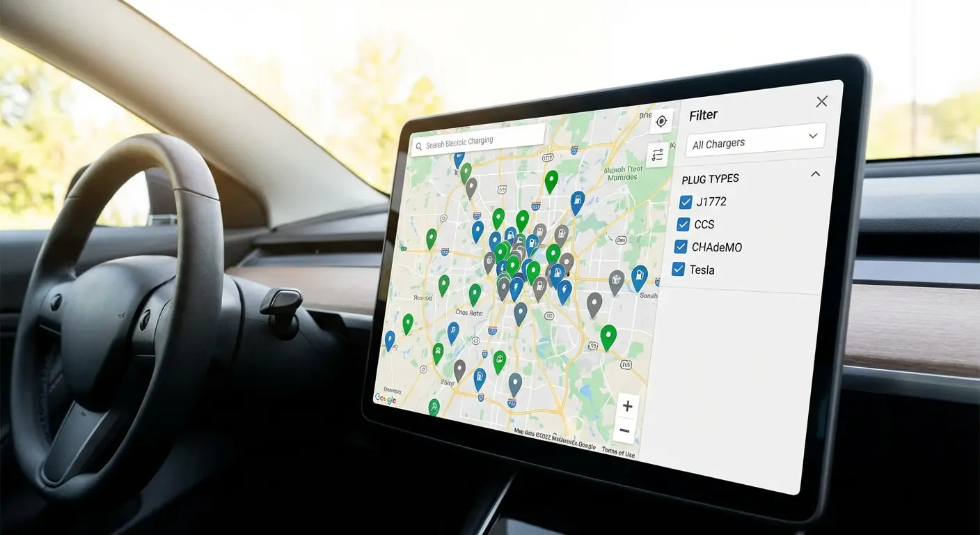 PlugShare app showing EV charging stations map