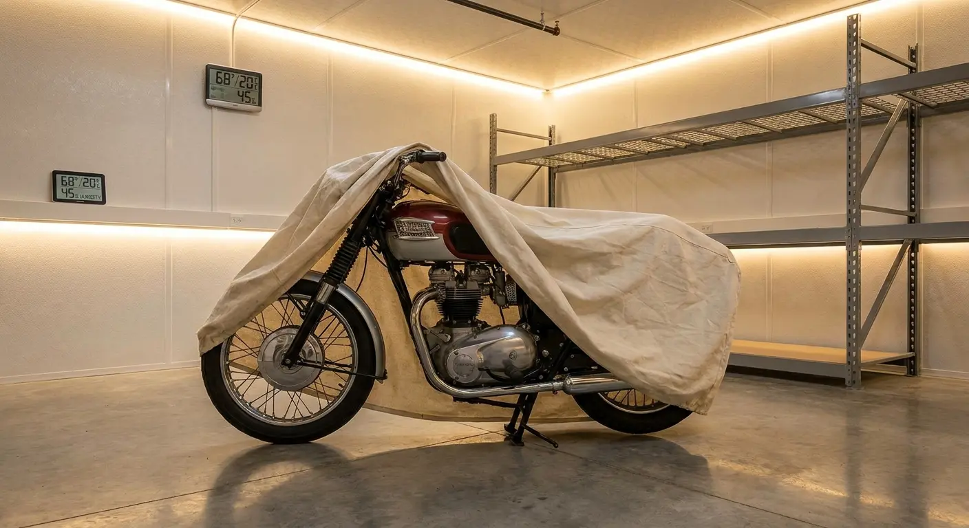 Indoor motorcycle storage with protective liner