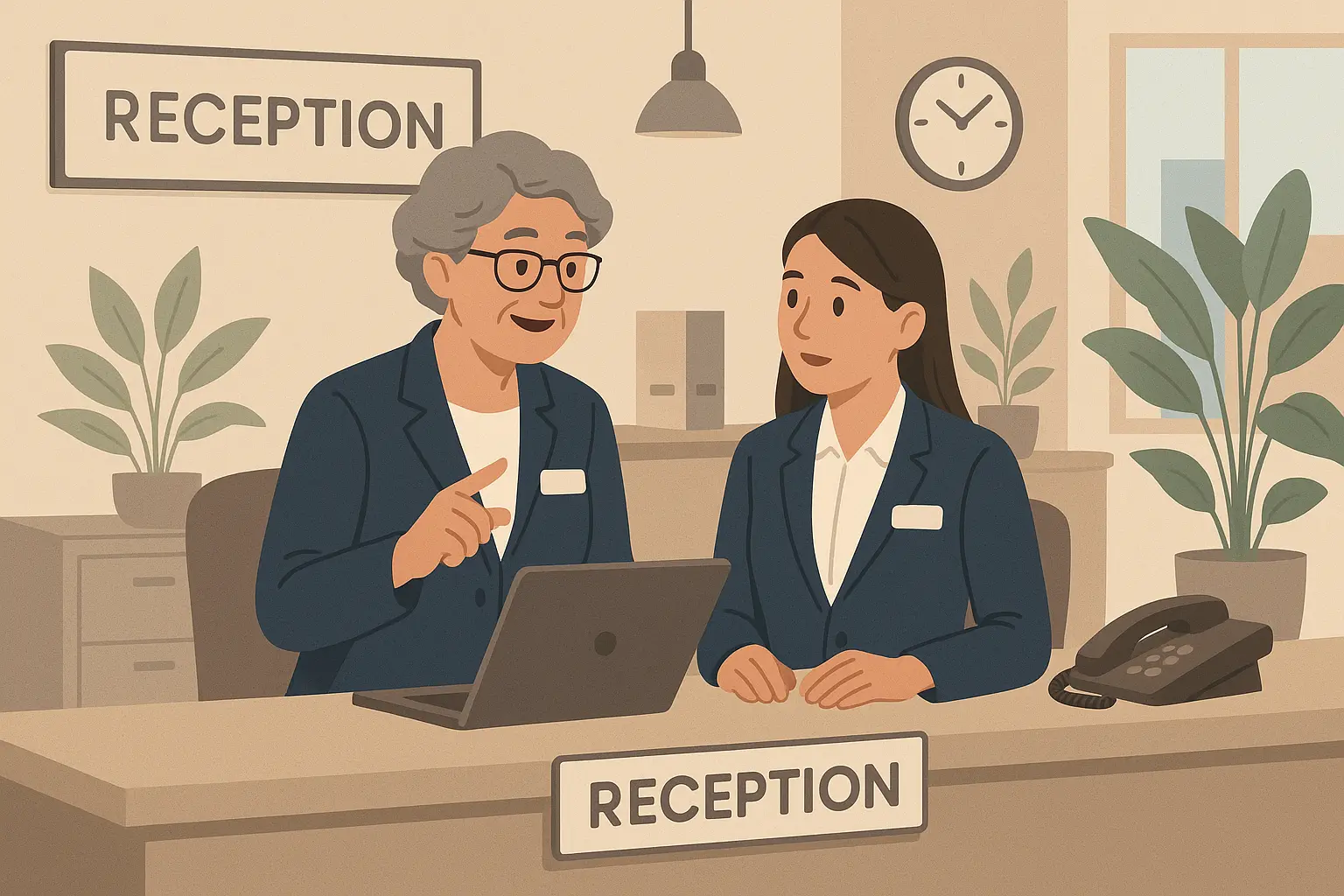 Senior receptionist leading team meeting