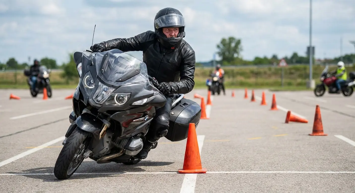 Rider performing motorcycle training exercises