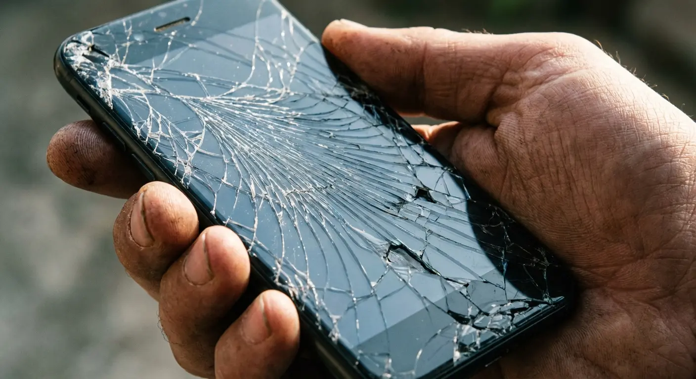 Phone with cracked screen showing impact damage