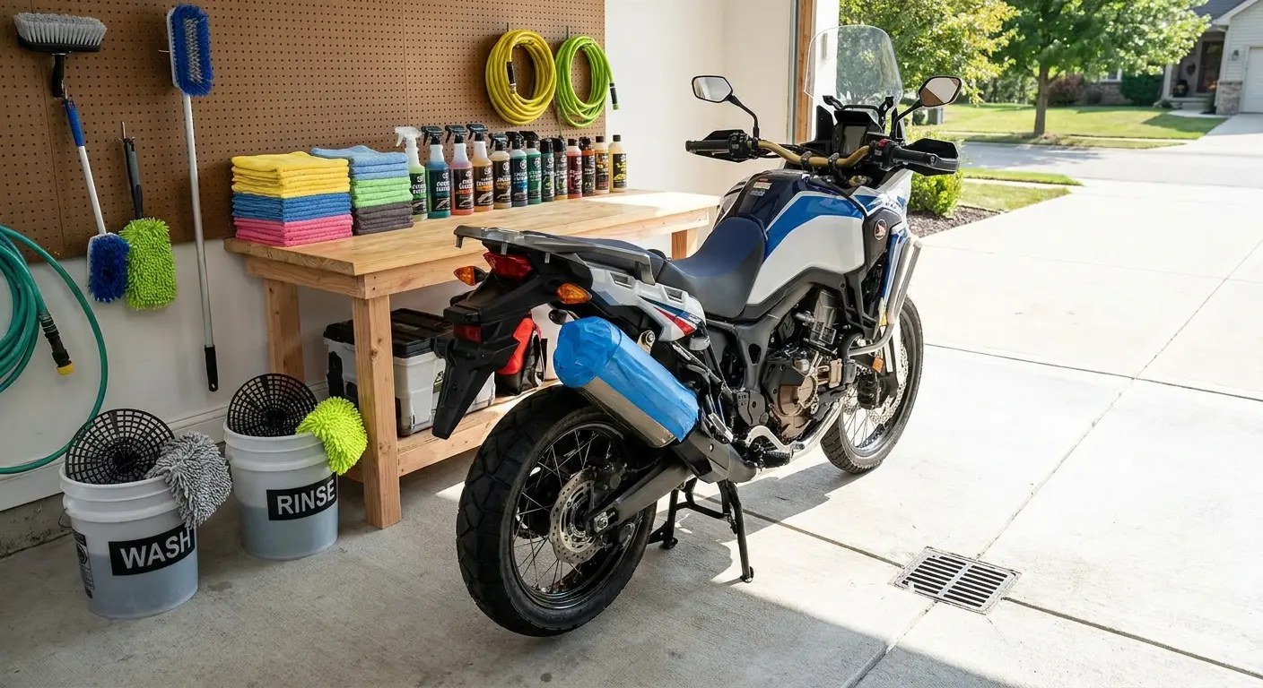 Pre-wash motorcycle preparation with covered components