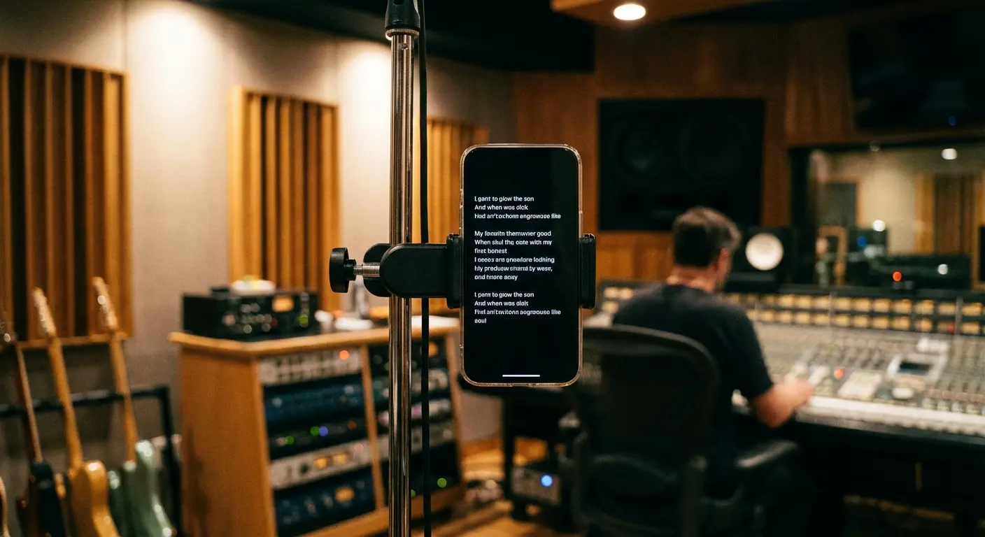 Close-up of a phone mounted magnetically to a metal surface in a studio