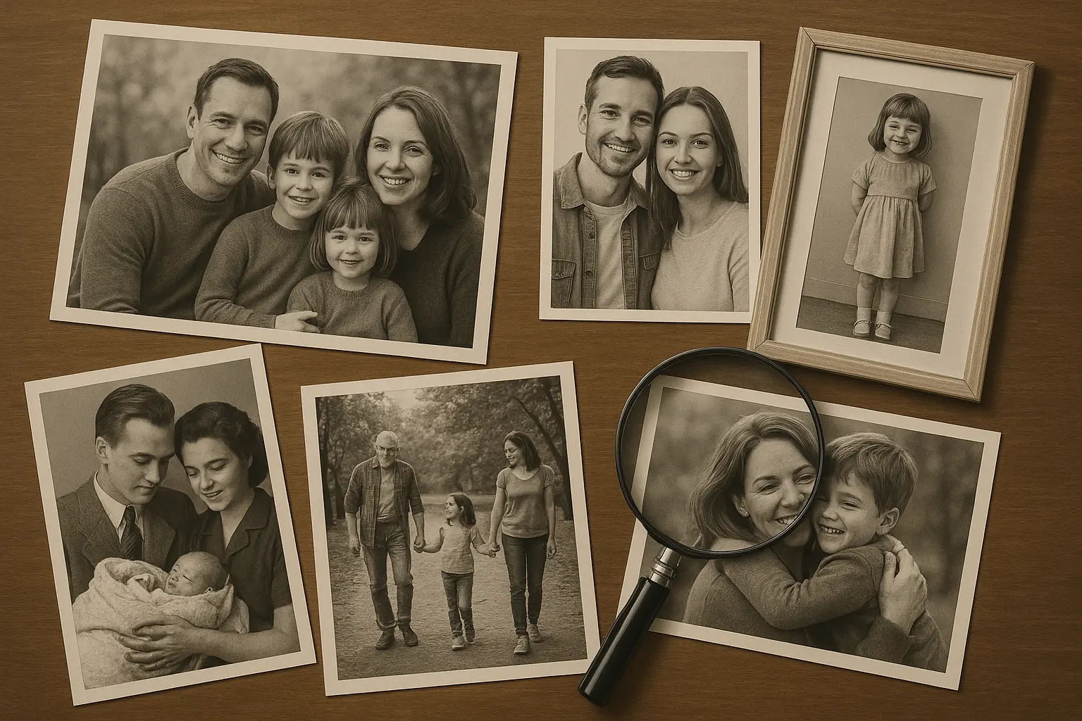 Family photos and memories scattered on table