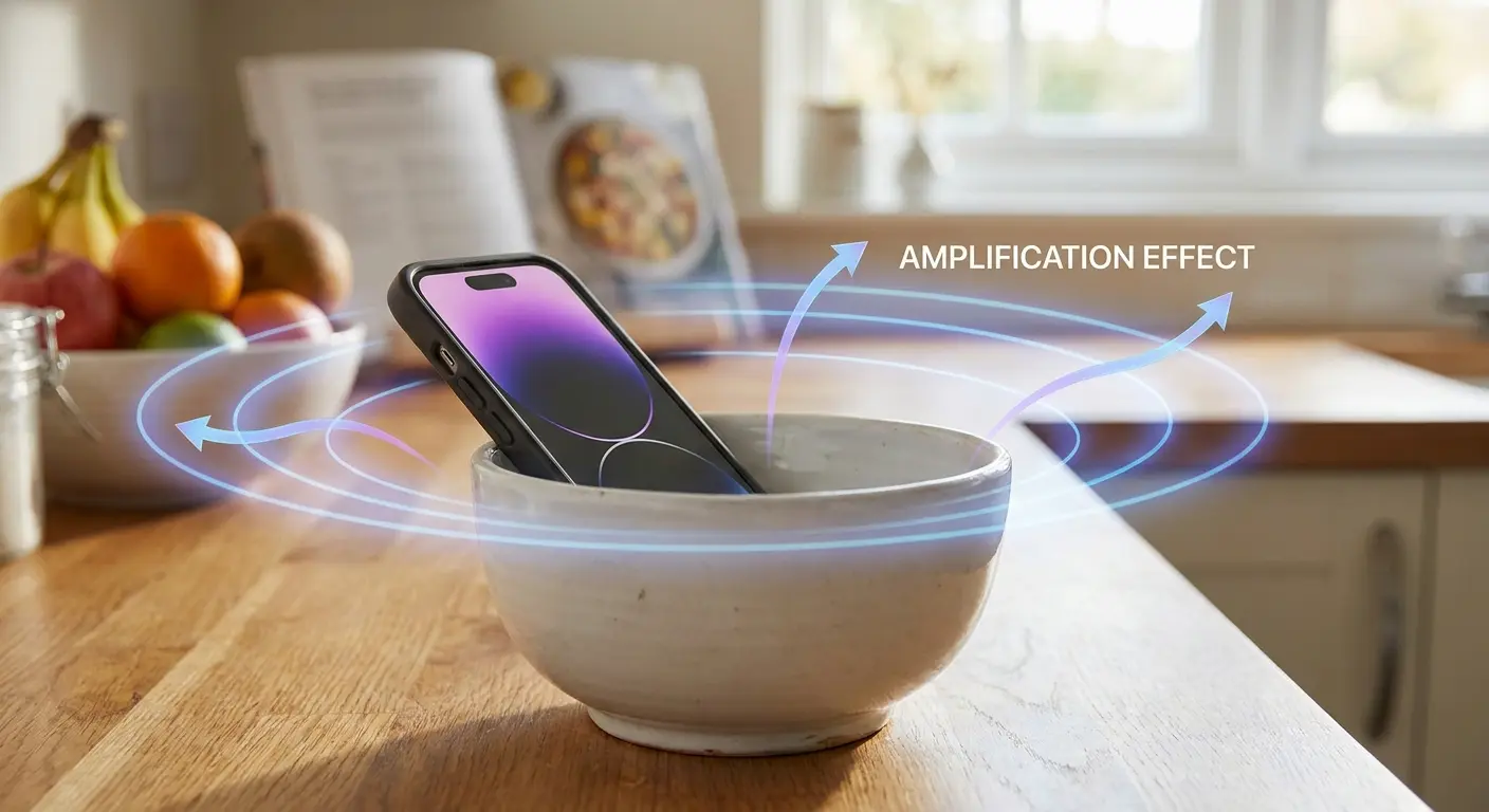 iPhone in ceramic bowl passive amplifier