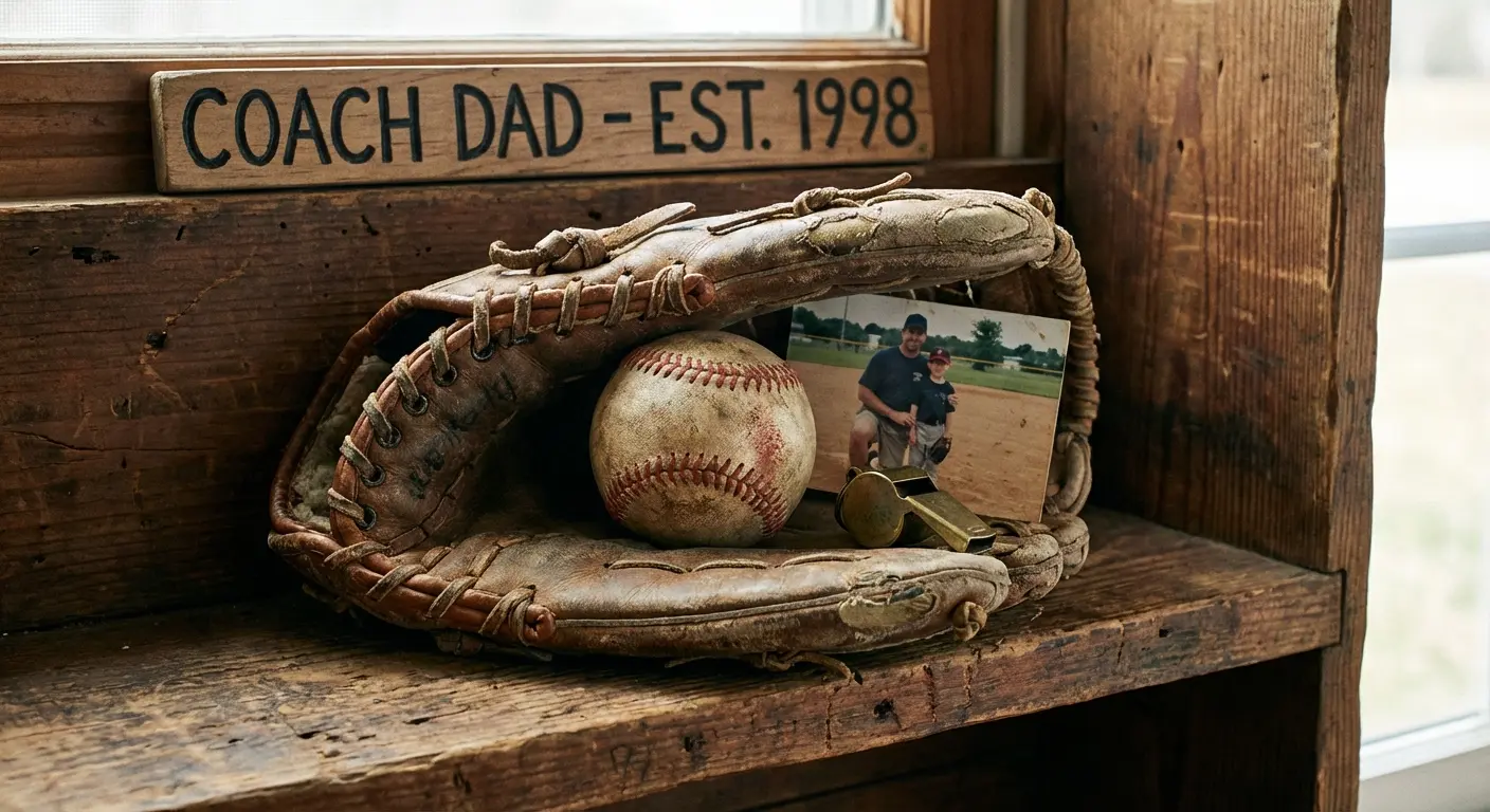 Whistle and clipboard resting on a bench, representing a coach father figure