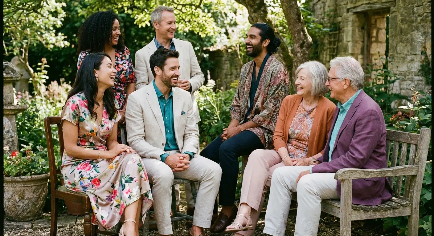 Guests sharing memories while wearing colorful celebration of life outfits